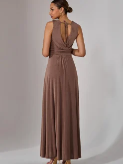 Jolie Moi Occasion Dresses|Sleeveless Dresses-Ella Wrap Bodice Jersey Maxi Dress, Taupe