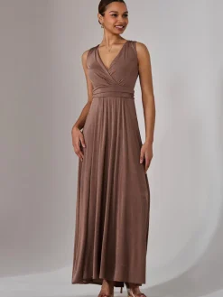 Jolie Moi Occasion Dresses|Sleeveless Dresses-Ella Wrap Bodice Jersey Maxi Dress, Taupe