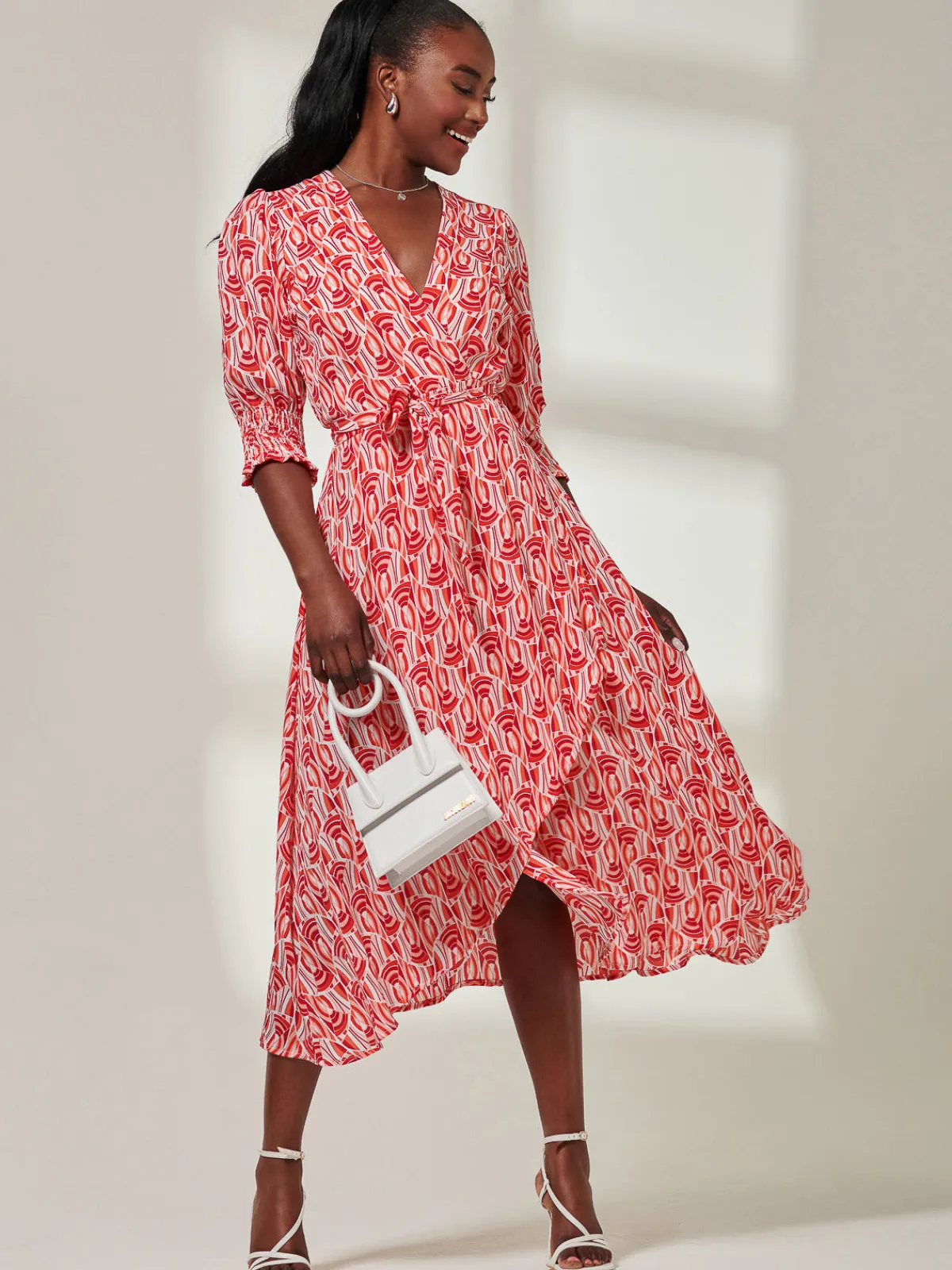 Jolie Moi Occasion Dresses|Wrap Dresses-Ellie Crepe Wrap Puff Sleeve Midi Dress, Red Geo