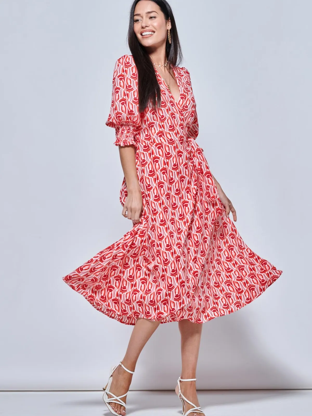 Jolie Moi Occasion Dresses|Wrap Dresses-Ellie Crepe Wrap Puff Sleeve Midi Dress, Red Geo