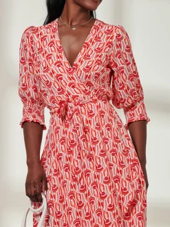 Jolie Moi Occasion Dresses|Wrap Dresses-Ellie Crepe Wrap Puff Sleeve Midi Dress, Red Geo