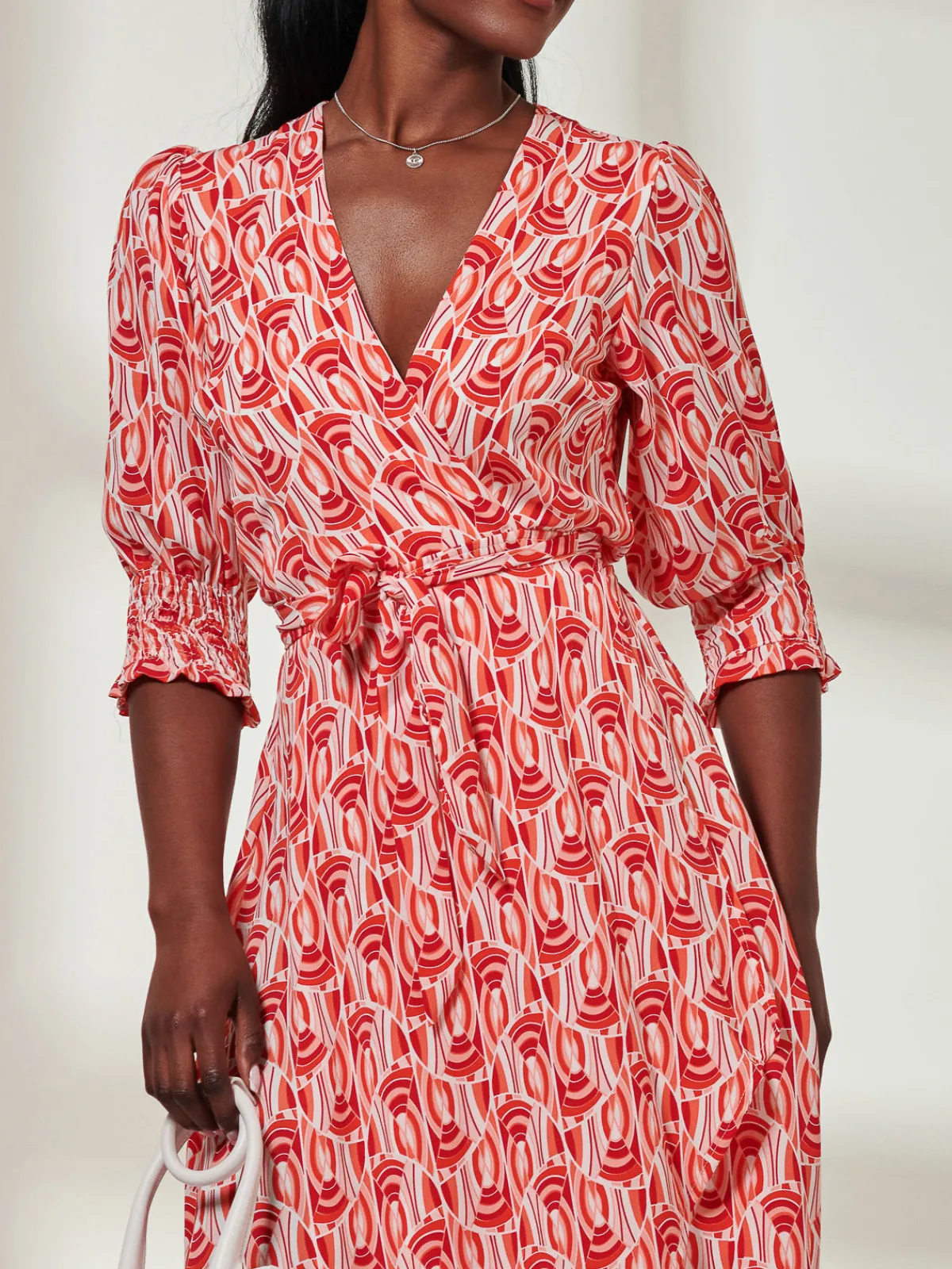Jolie Moi Occasion Dresses|Wrap Dresses-Ellie Crepe Wrap Puff Sleeve Midi Dress, Red Geo
