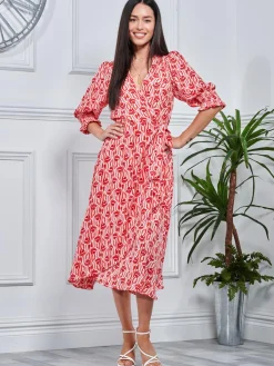 Jolie Moi Occasion Dresses|Wrap Dresses-Ellie Crepe Wrap Puff Sleeve Midi Dress, Red Geo