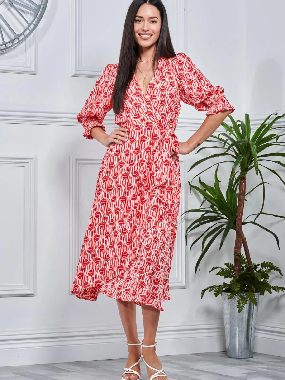 Jolie Moi Occasion Dresses|Wrap Dresses-Ellie Crepe Wrap Puff Sleeve Midi Dress, Red Geo