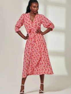 Jolie Moi Occasion Dresses|Wrap Dresses-Ellie Crepe Wrap Puff Sleeve Midi Dress, Red Geo
