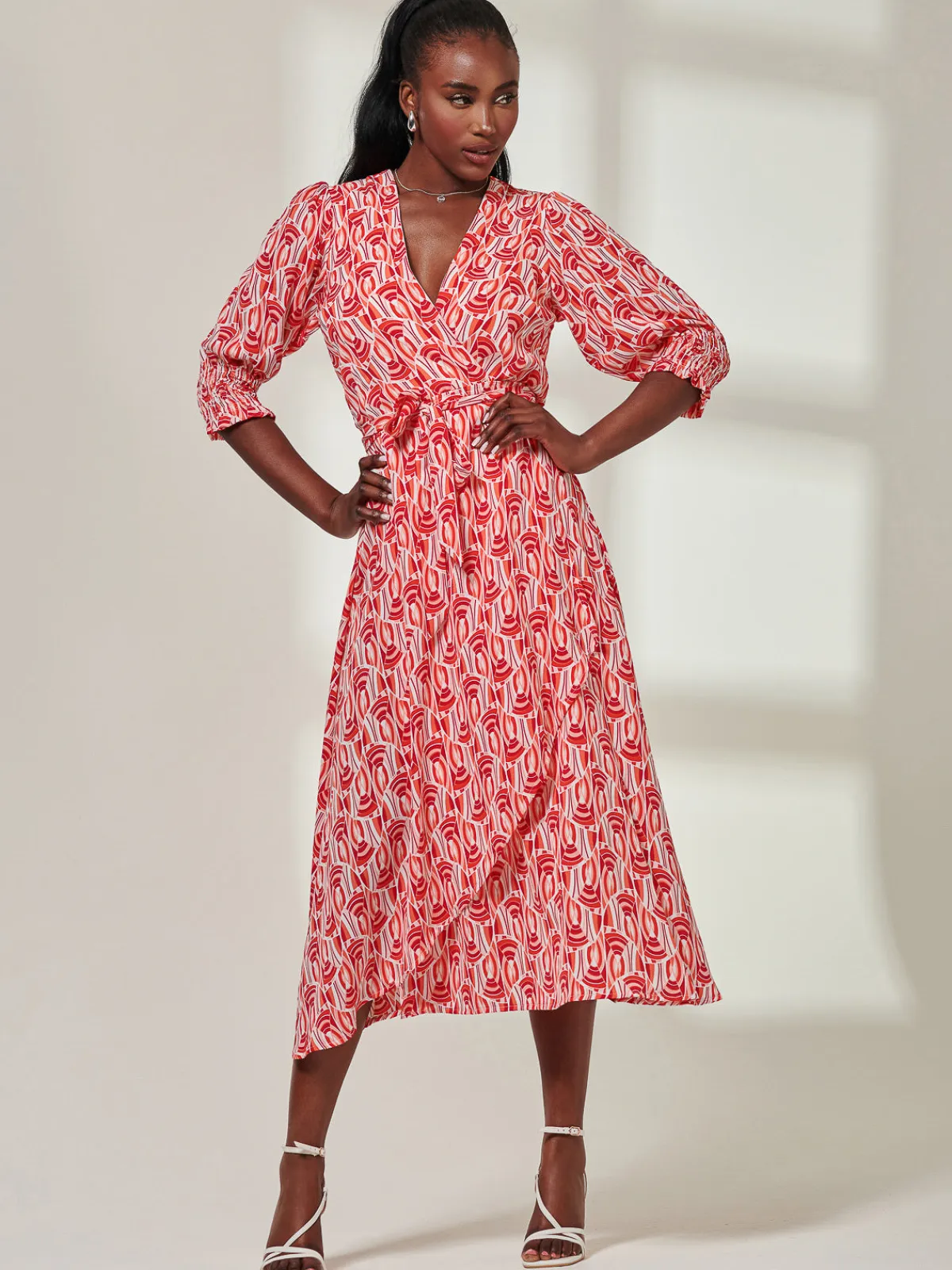 Jolie Moi Occasion Dresses|Wrap Dresses-Ellie Crepe Wrap Puff Sleeve Midi Dress, Red Geo