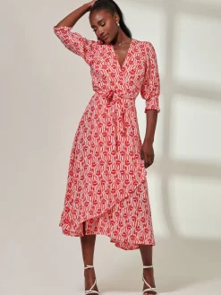 Jolie Moi Occasion Dresses|Wrap Dresses-Ellie Crepe Wrap Puff Sleeve Midi Dress, Red Geo