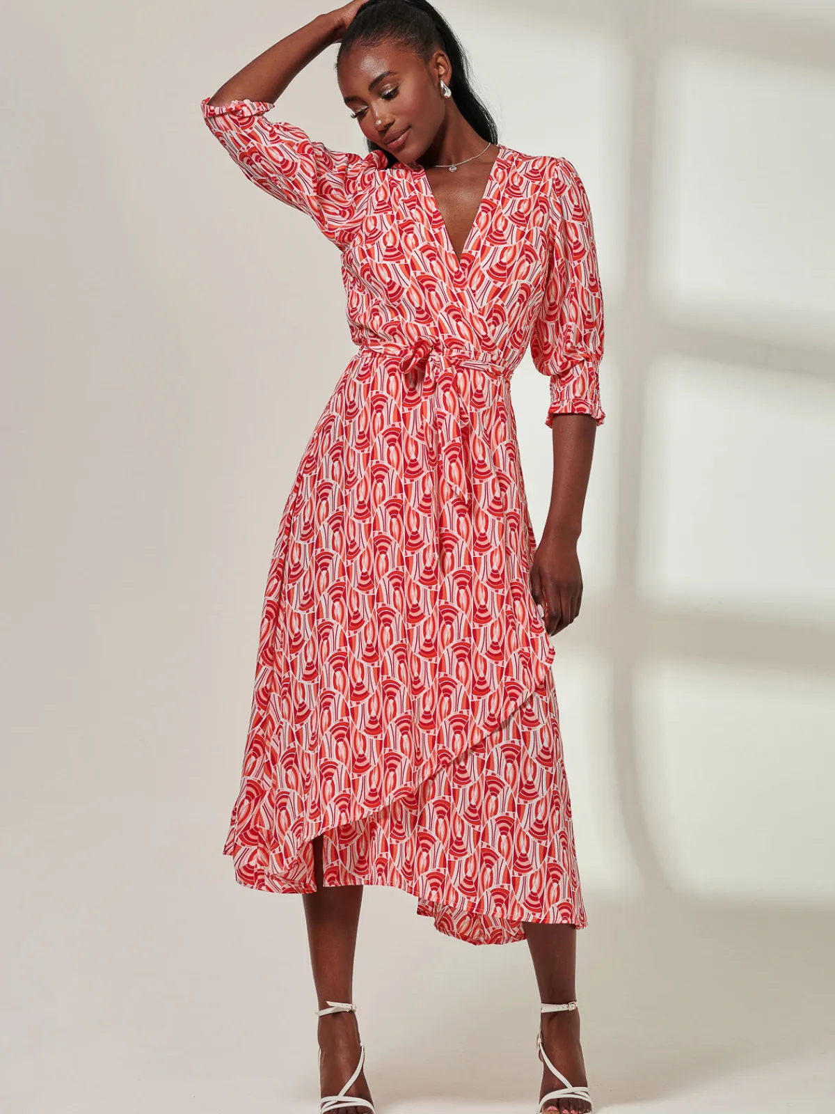 Jolie Moi Occasion Dresses|Wrap Dresses-Ellie Crepe Wrap Puff Sleeve Midi Dress, Red Geo
