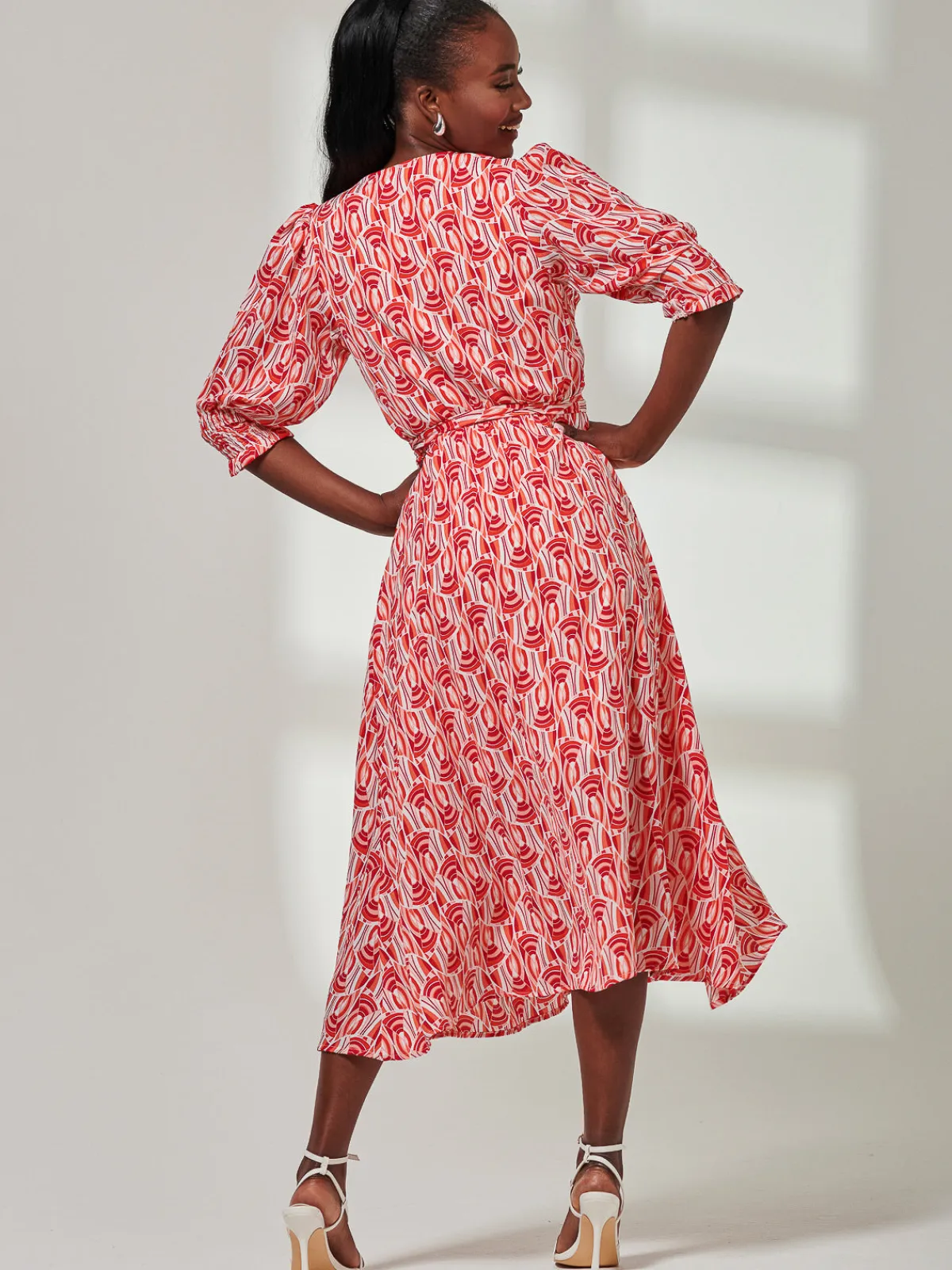 Jolie Moi Occasion Dresses|Wrap Dresses-Ellie Crepe Wrap Puff Sleeve Midi Dress, Red Geo