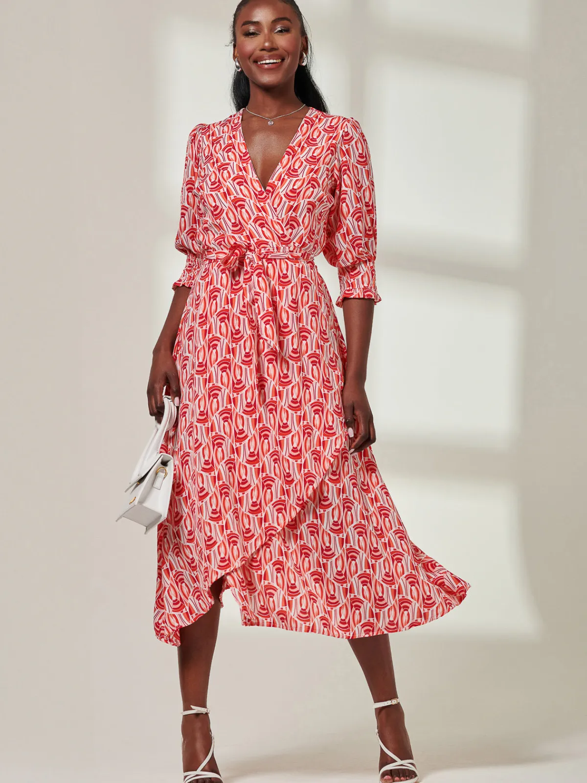 Jolie Moi Occasion Dresses|Wrap Dresses-Ellie Crepe Wrap Puff Sleeve Midi Dress, Red Geo