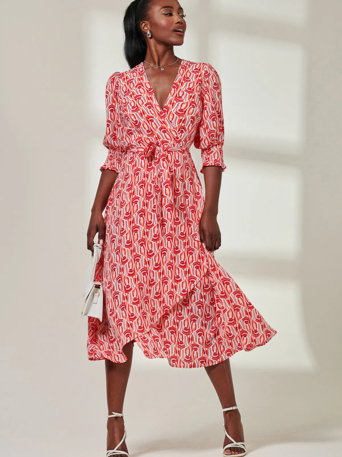 Jolie Moi Occasion Dresses|Wrap Dresses-Ellie Crepe Wrap Puff Sleeve Midi Dress, Red Geo