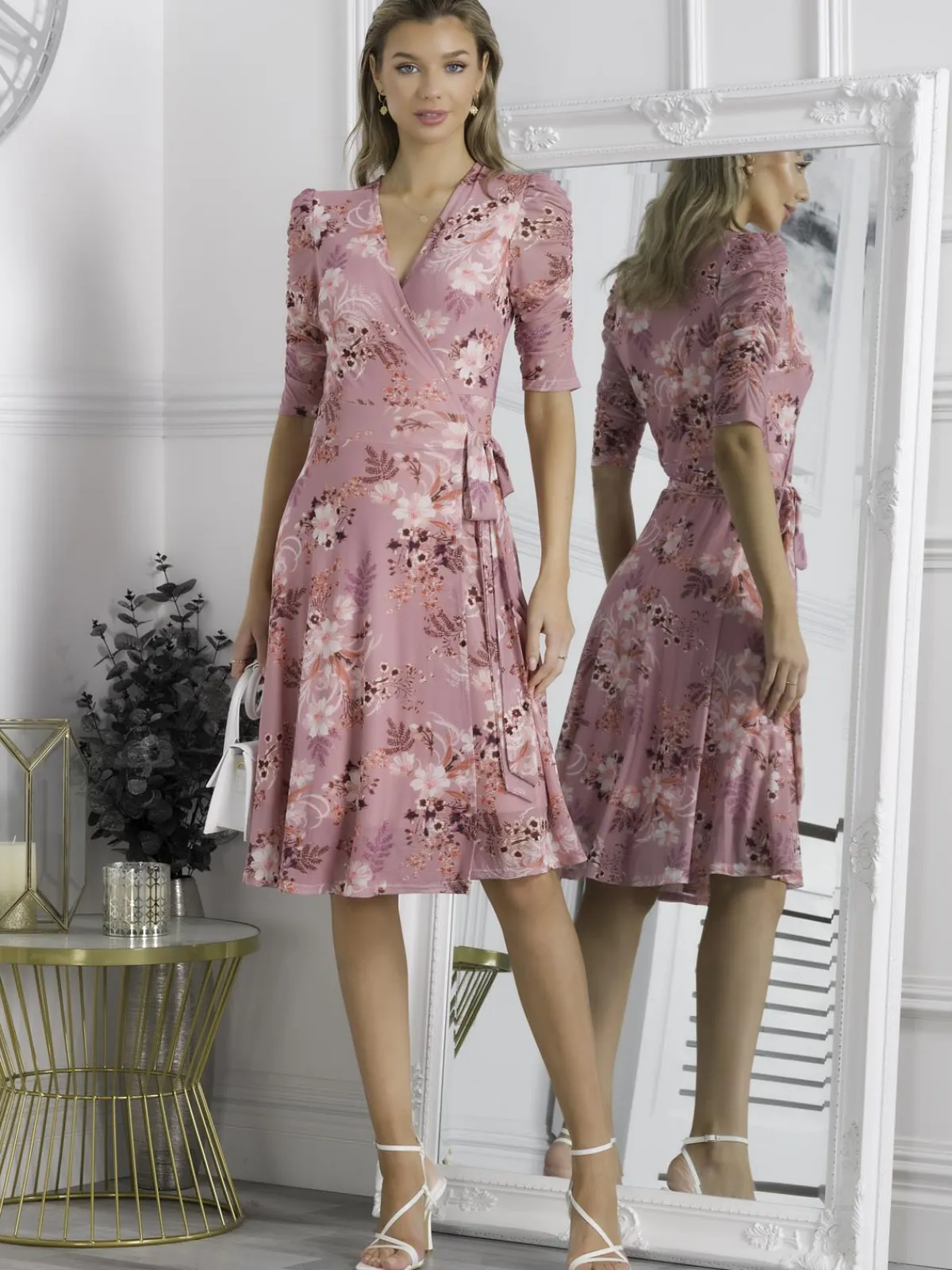 Jolie Moi Occasion Dresses|Mesh Dresses-Elodea Mesh Ruched Sleeve Wrap Dress, Pink Floral