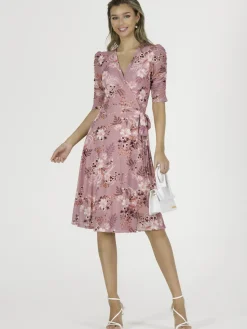 Jolie Moi Occasion Dresses|Mesh Dresses-Elodea Mesh Ruched Sleeve Wrap Dress, Pink Floral