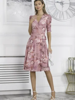 Jolie Moi Occasion Dresses|Mesh Dresses-Elodea Mesh Ruched Sleeve Wrap Dress, Pink Floral