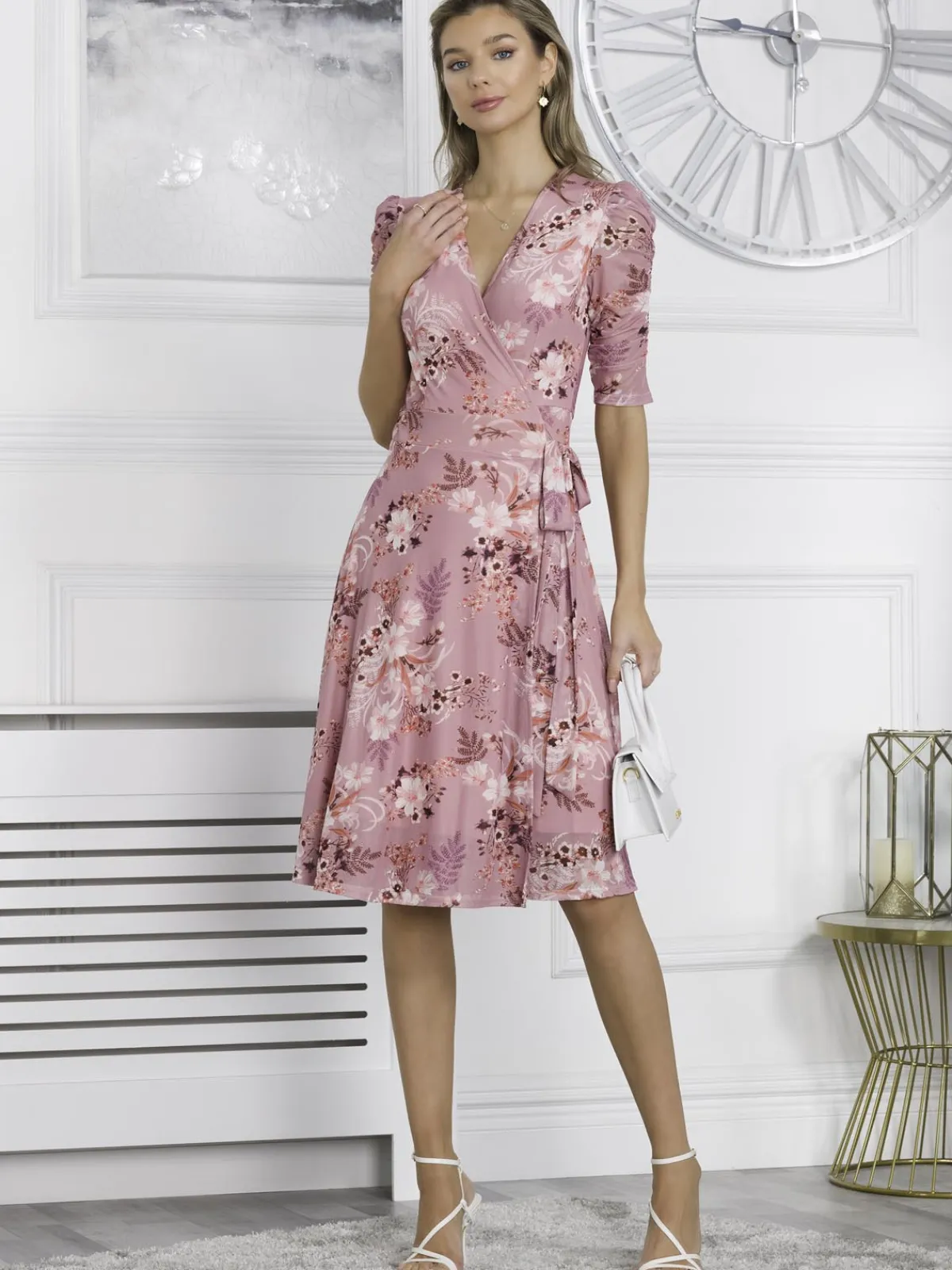 Jolie Moi Occasion Dresses|Mesh Dresses-Elodea Mesh Ruched Sleeve Wrap Dress, Pink Floral