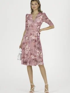 Jolie Moi Occasion Dresses|Mesh Dresses-Elodea Mesh Ruched Sleeve Wrap Dress, Pink Floral