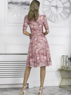 Jolie Moi Occasion Dresses|Mesh Dresses-Elodea Mesh Ruched Sleeve Wrap Dress, Pink Floral