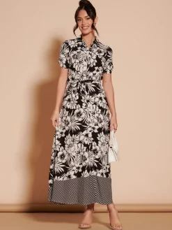 Jolie Moi Occasion Dresses|Floral Dresses-Elsie Floral Viscose Shirt Maxi Dress, Black Multi