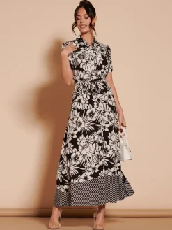 Jolie Moi Occasion Dresses|Floral Dresses-Elsie Floral Viscose Shirt Maxi Dress, Black Multi
