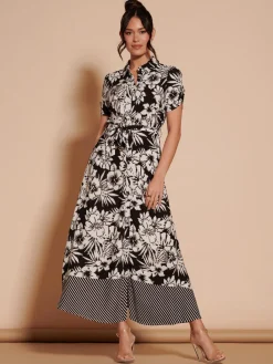 Jolie Moi Occasion Dresses|Floral Dresses-Elsie Floral Viscose Shirt Maxi Dress, Black Multi