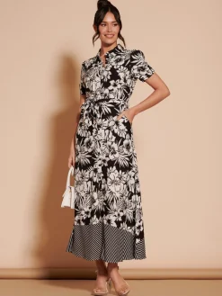 Jolie Moi Occasion Dresses|Floral Dresses-Elsie Floral Viscose Shirt Maxi Dress, Black Multi