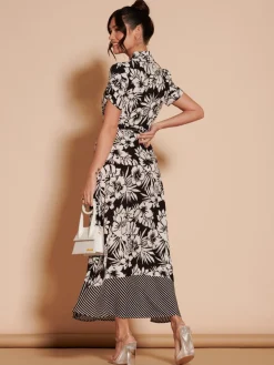 Jolie Moi Occasion Dresses|Floral Dresses-Elsie Floral Viscose Shirt Maxi Dress, Black Multi