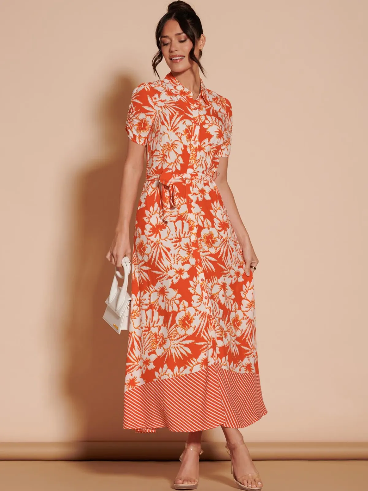 Jolie Moi Occasion Dresses|Floral Dresses-Elsie Floral Viscose Shirt Maxi Dress, Orange Multi