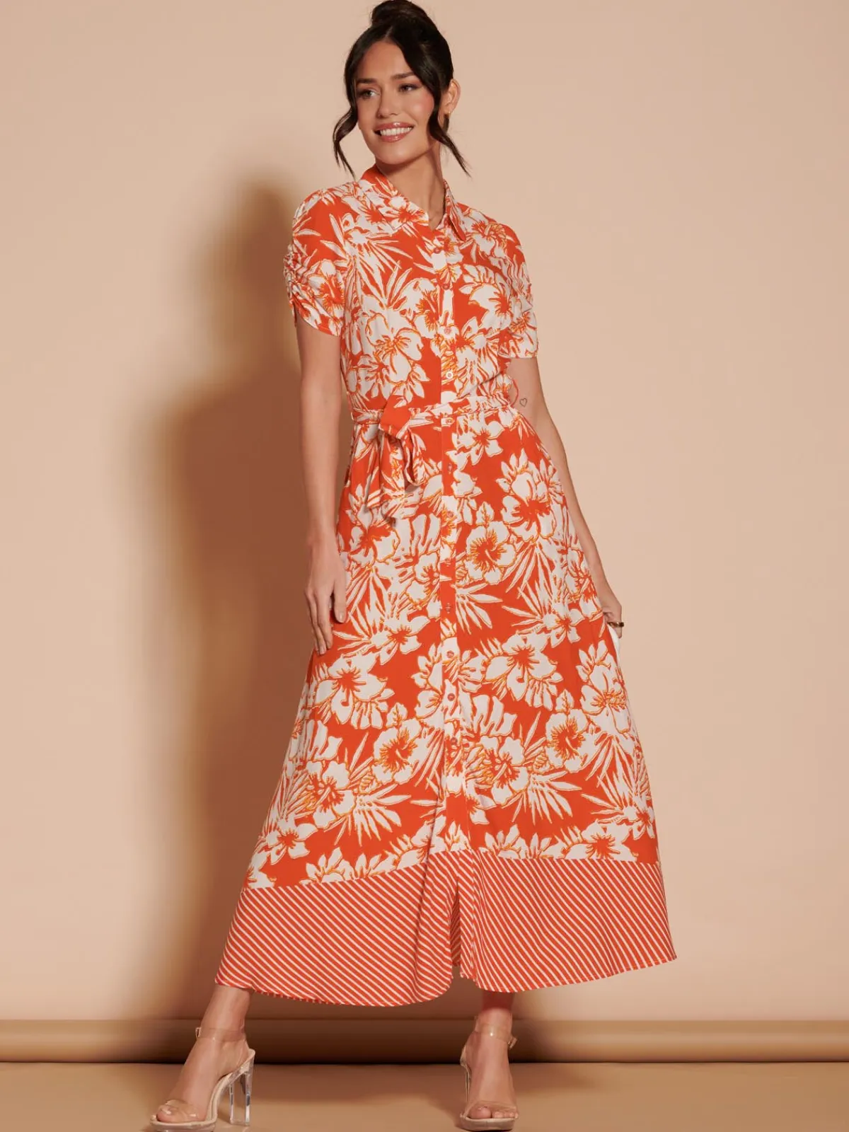 Jolie Moi Occasion Dresses|Floral Dresses-Elsie Floral Viscose Shirt Maxi Dress, Orange Multi