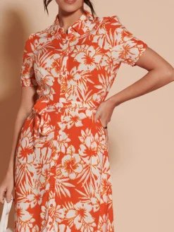 Jolie Moi Occasion Dresses|Floral Dresses-Elsie Floral Viscose Shirt Maxi Dress, Orange Multi