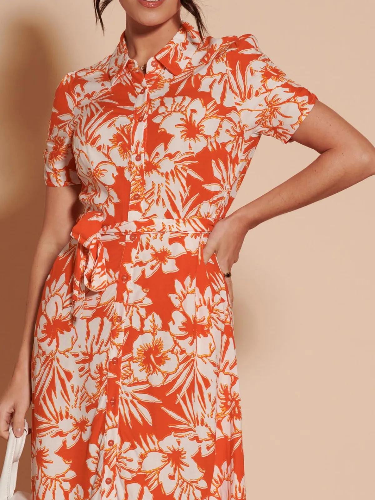 Jolie Moi Occasion Dresses|Floral Dresses-Elsie Floral Viscose Shirt Maxi Dress, Orange Multi