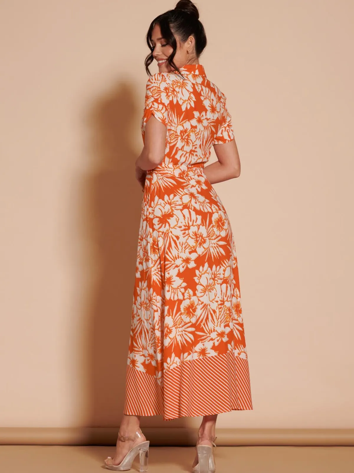 Jolie Moi Occasion Dresses|Floral Dresses-Elsie Floral Viscose Shirt Maxi Dress, Orange Multi