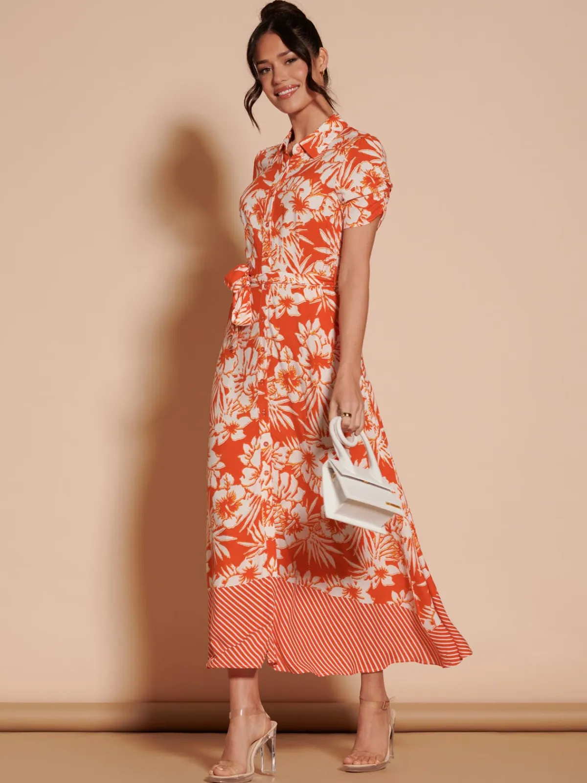 Jolie Moi Occasion Dresses|Floral Dresses-Elsie Floral Viscose Shirt Maxi Dress, Orange Multi
