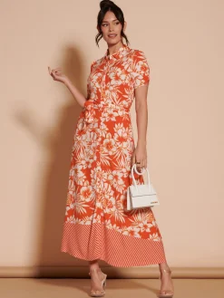 Jolie Moi Occasion Dresses|Floral Dresses-Elsie Floral Viscose Shirt Maxi Dress, Orange Multi