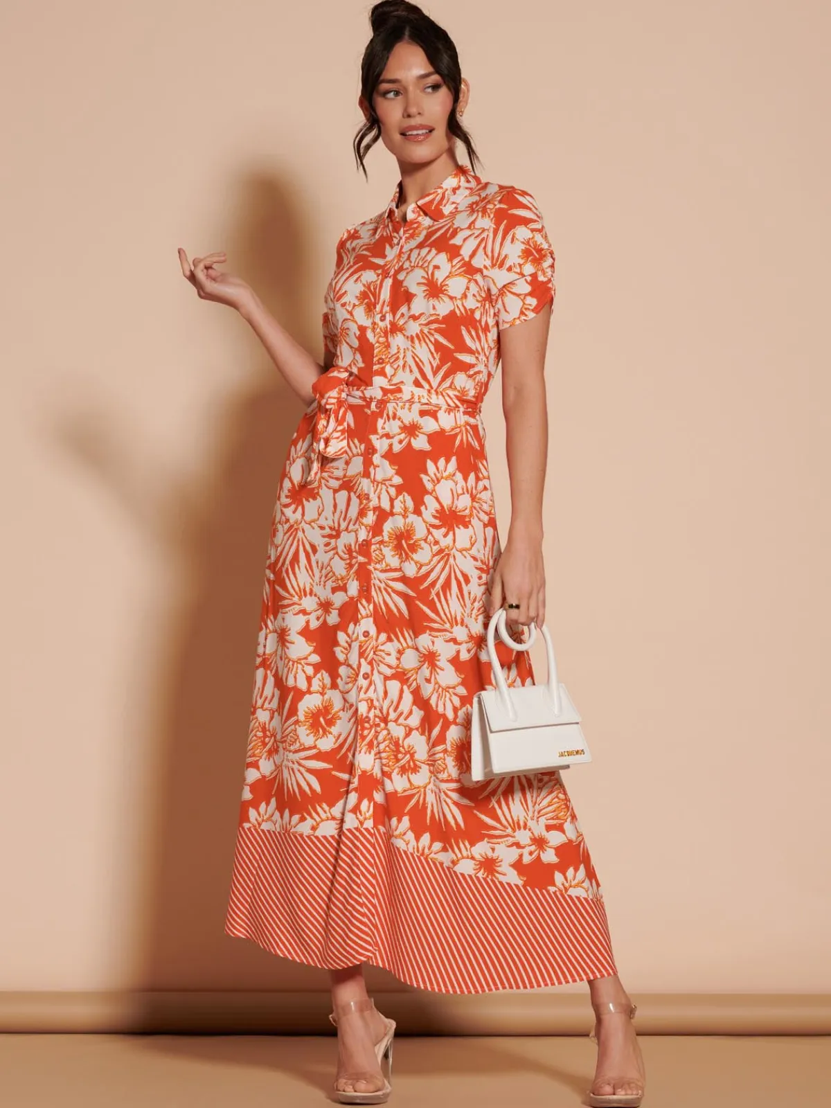 Jolie Moi Occasion Dresses|Floral Dresses-Elsie Floral Viscose Shirt Maxi Dress, Orange Multi
