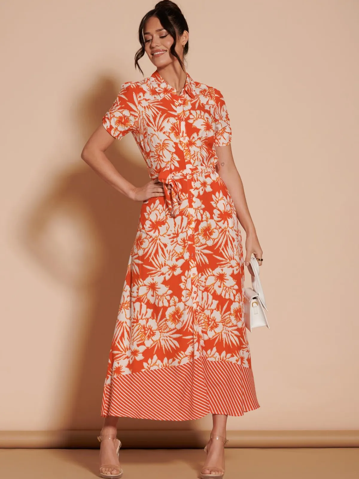 Jolie Moi Occasion Dresses|Floral Dresses-Elsie Floral Viscose Shirt Maxi Dress, Orange Multi