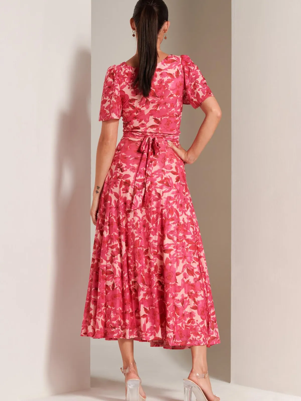 Jolie Moi Occasion Dresses|Floral Dresses-Elvira Print Mesh Maxi Dress, Pink Multi