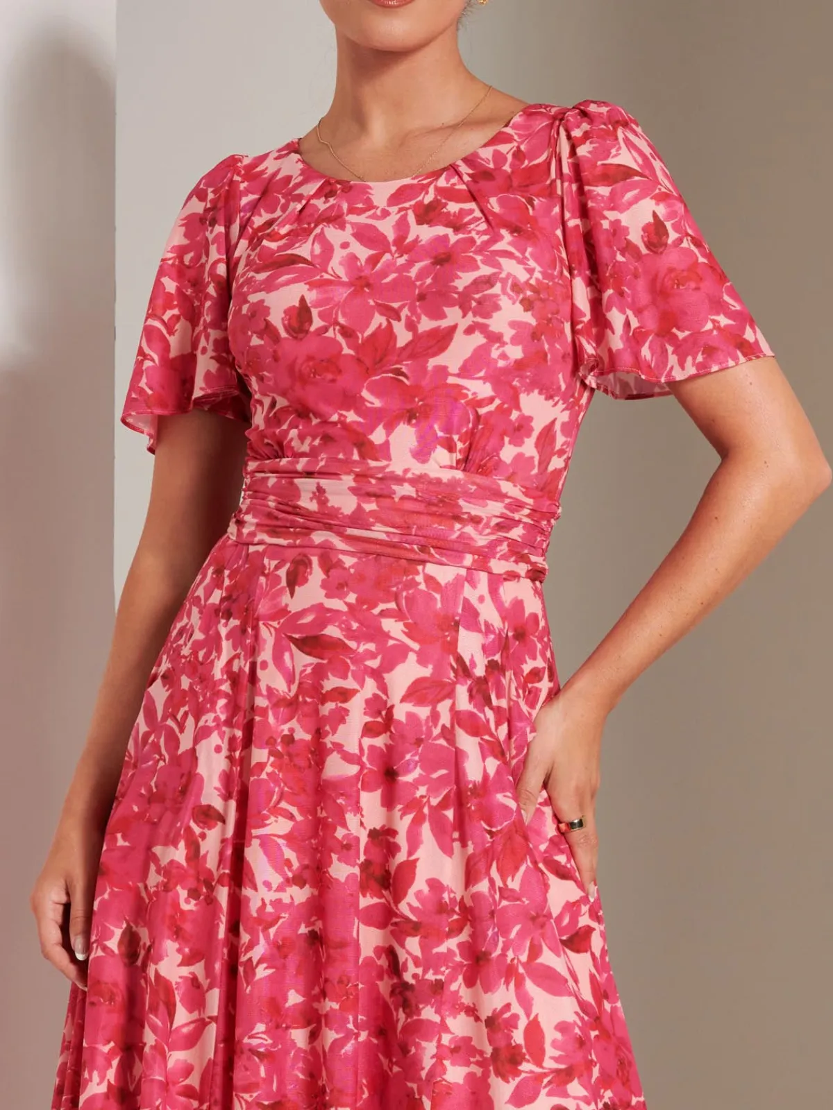 Jolie Moi Occasion Dresses|Floral Dresses-Elvira Print Mesh Maxi Dress, Pink Multi