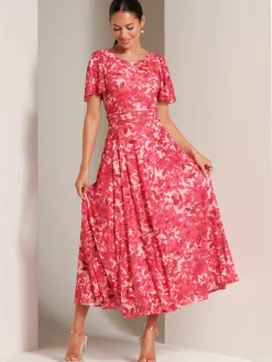 Jolie Moi Occasion Dresses|Floral Dresses-Elvira Print Mesh Maxi Dress, Pink Multi