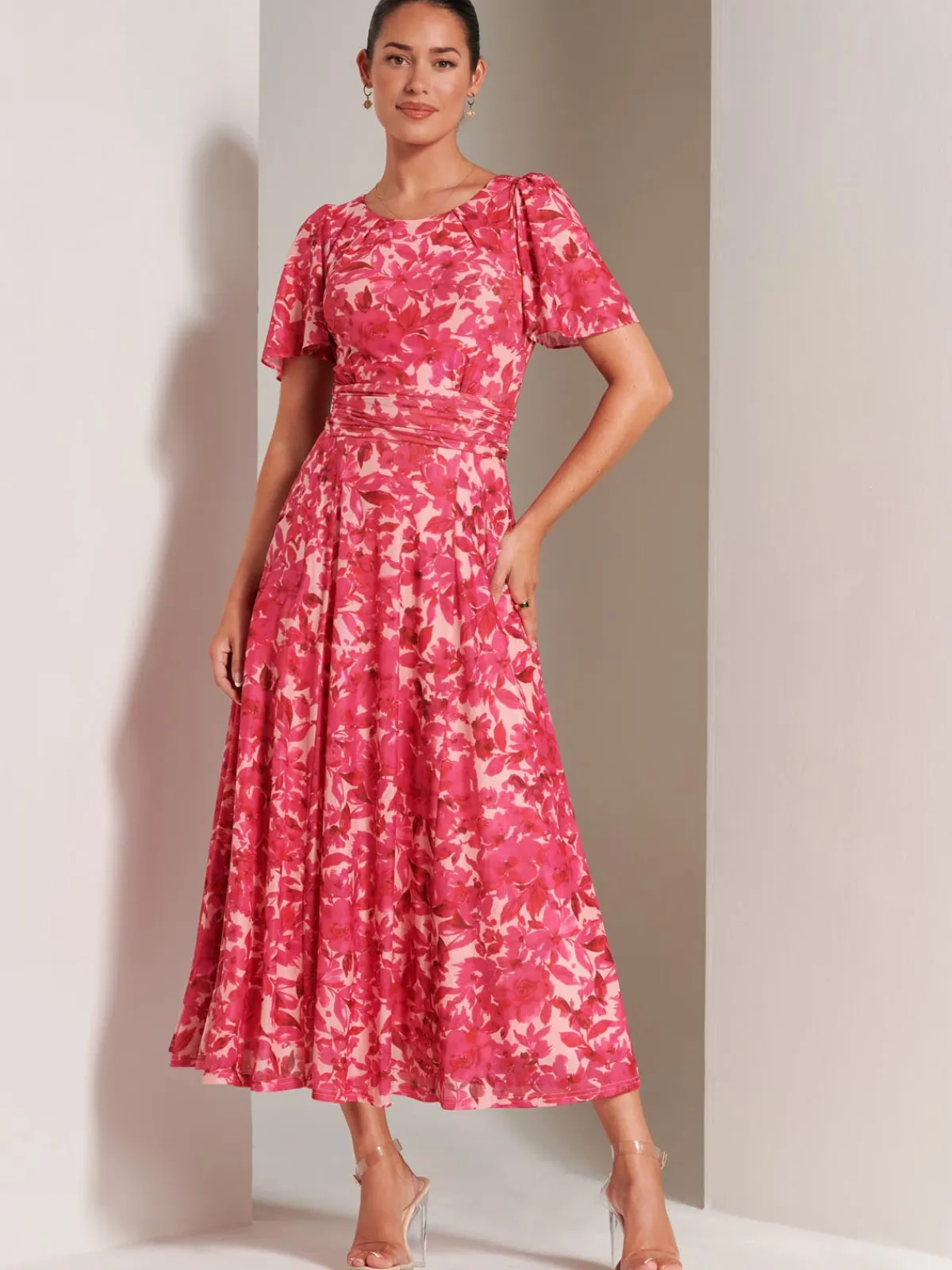 Jolie Moi Occasion Dresses|Floral Dresses-Elvira Print Mesh Maxi Dress, Pink Multi