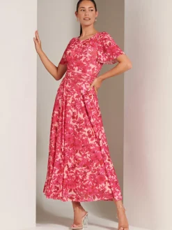 Jolie Moi Occasion Dresses|Floral Dresses-Elvira Print Mesh Maxi Dress, Pink Multi
