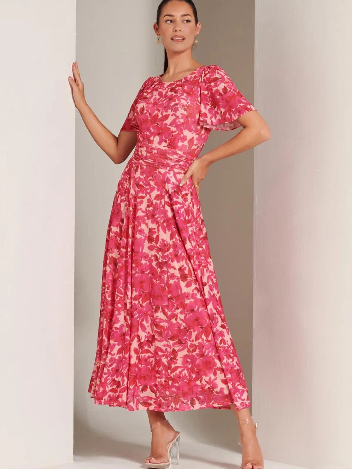 Jolie Moi Occasion Dresses|Floral Dresses-Elvira Print Mesh Maxi Dress, Pink Multi