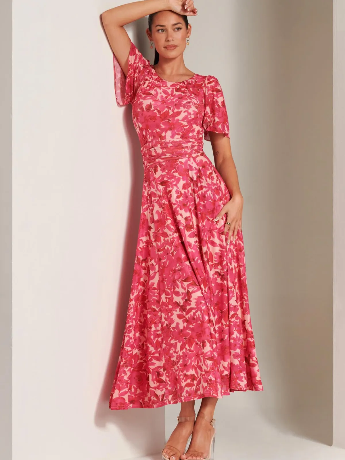 Jolie Moi Occasion Dresses|Floral Dresses-Elvira Print Mesh Maxi Dress, Pink Multi