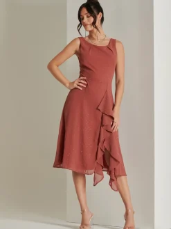 Jolie Moi Occasion Dresses|Sleeveless Dresses-Embellished Frill Hem Chiffon Dress, Rust