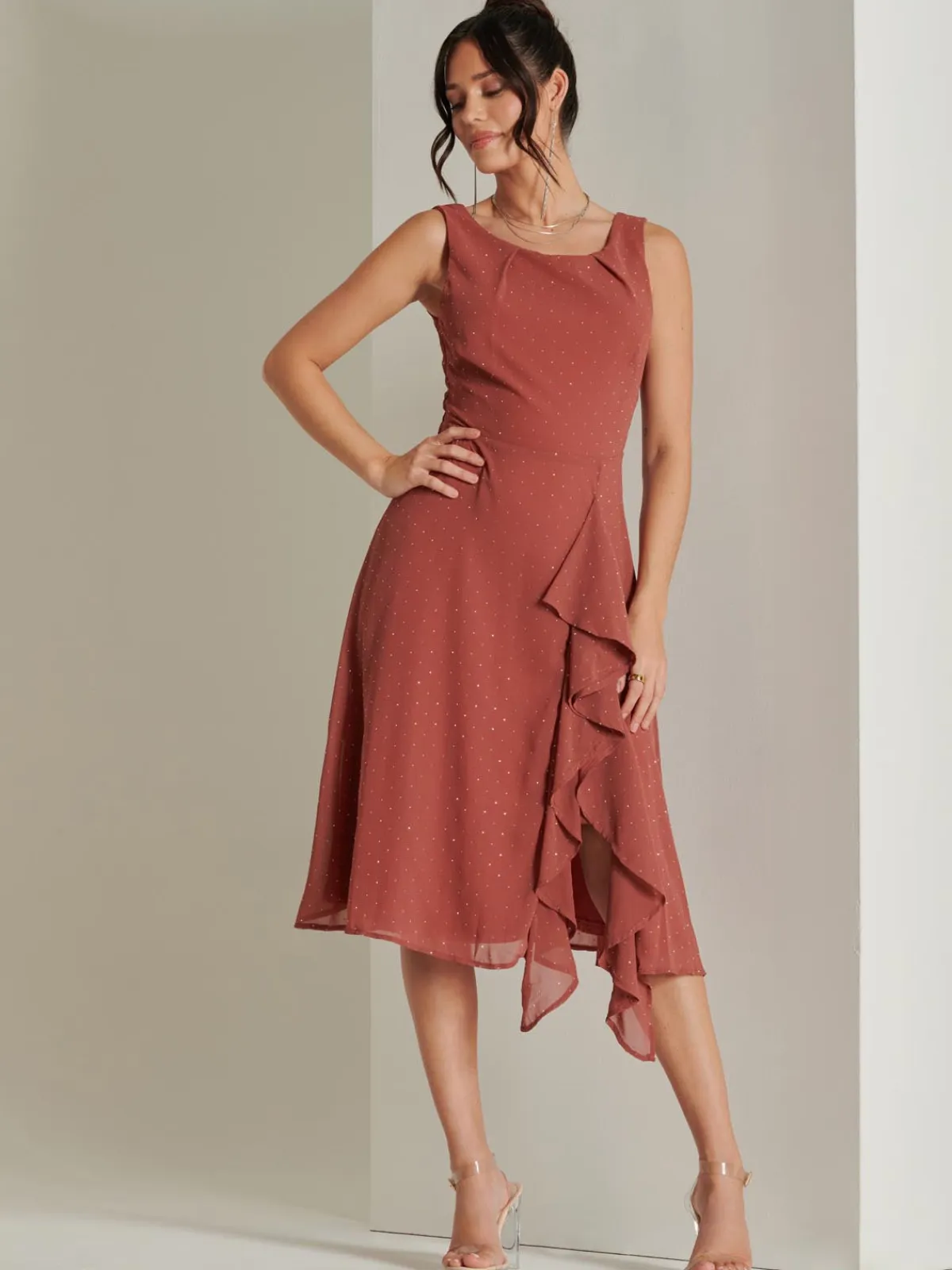 Jolie Moi Occasion Dresses|Sleeveless Dresses-Embellished Frill Hem Chiffon Dress, Rust