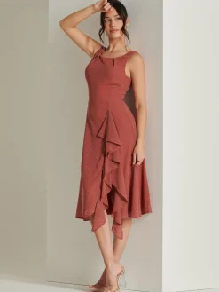 Jolie Moi Occasion Dresses|Sleeveless Dresses-Embellished Frill Hem Chiffon Dress, Rust