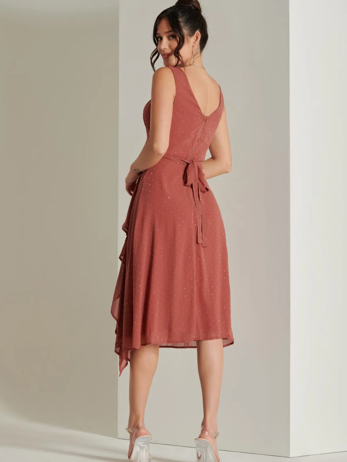 Jolie Moi Occasion Dresses|Sleeveless Dresses-Embellished Frill Hem Chiffon Dress, Rust