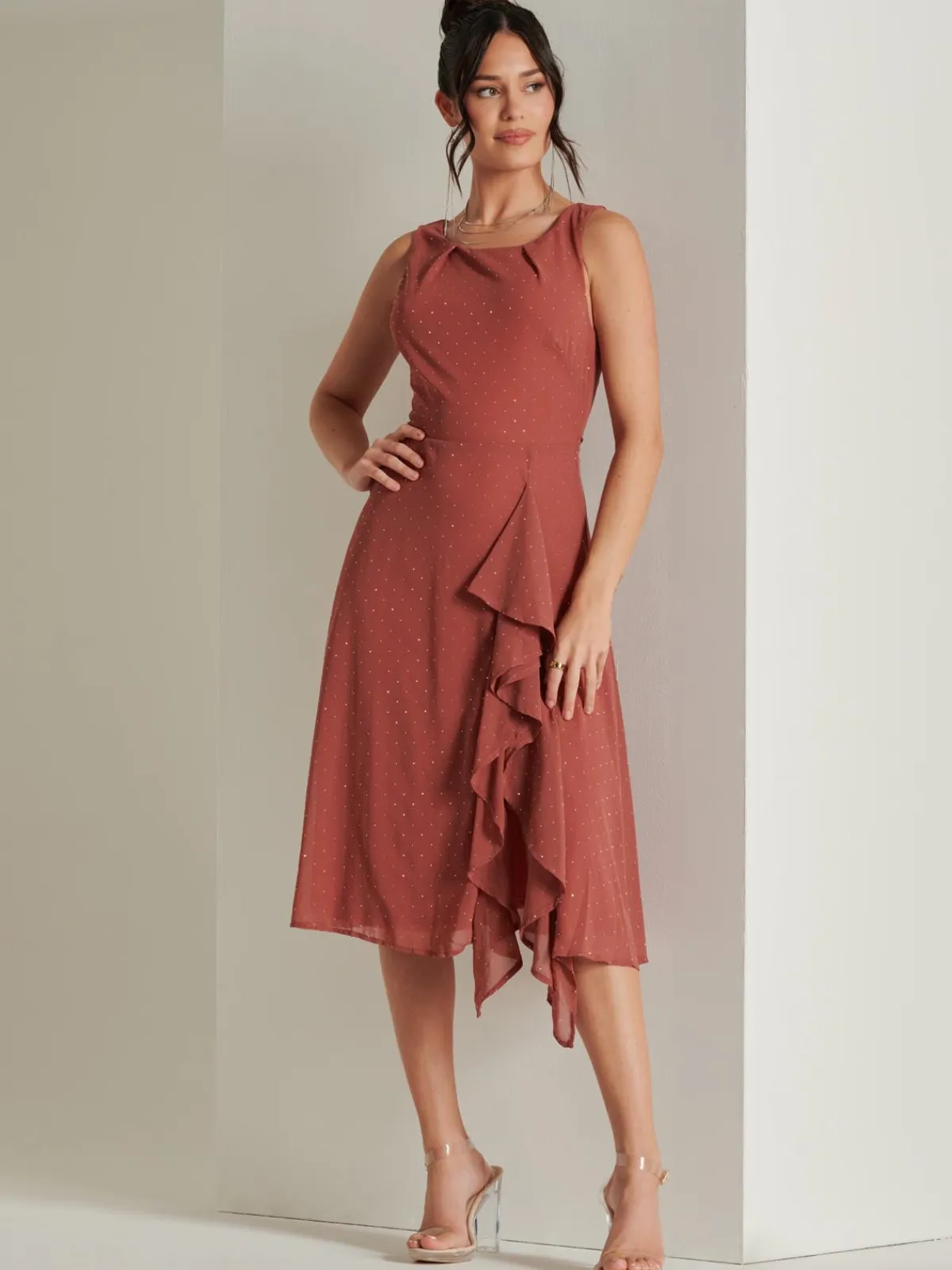 Jolie Moi Occasion Dresses|Sleeveless Dresses-Embellished Frill Hem Chiffon Dress, Rust