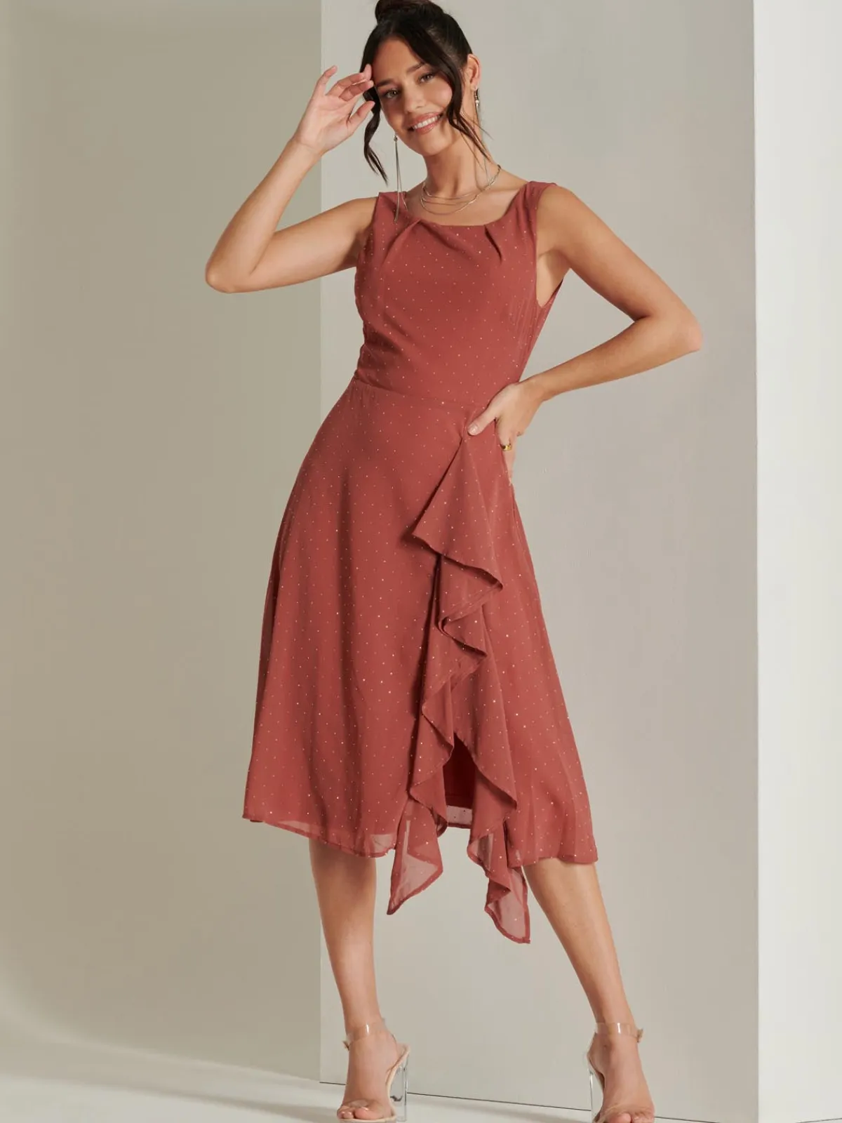 Jolie Moi Occasion Dresses|Sleeveless Dresses-Embellished Frill Hem Chiffon Dress, Rust