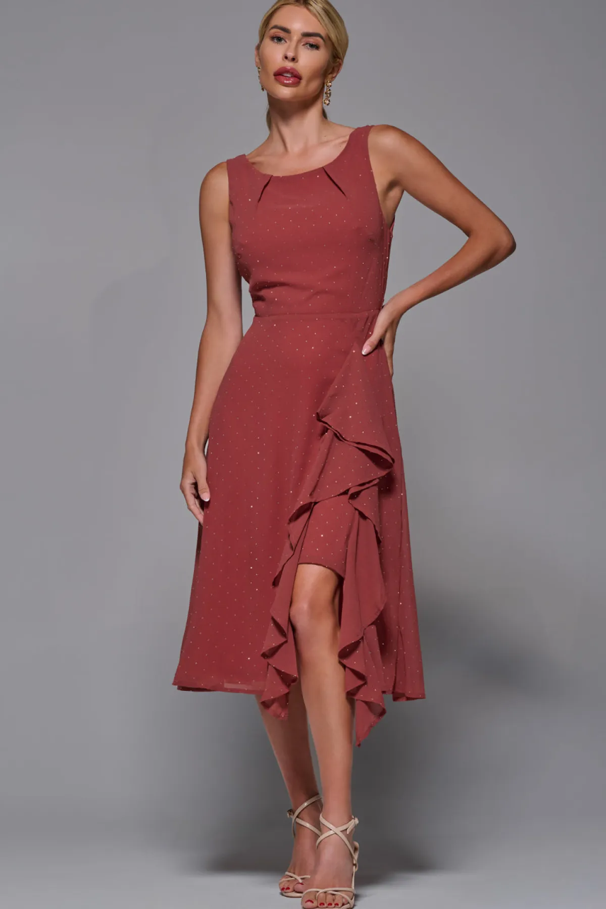 Jolie Moi Occasion Dresses|Party Dresses-Embellished Frill Hem Ciffon Dress, Rust