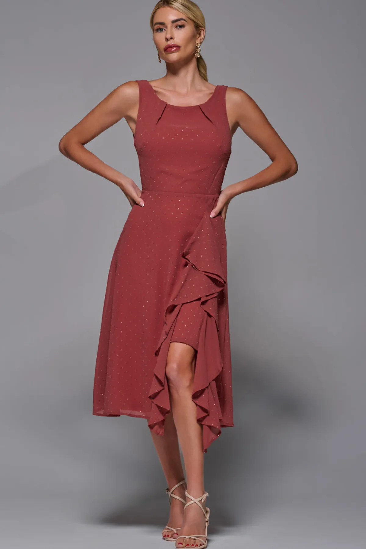 Jolie Moi Occasion Dresses|Party Dresses-Embellished Frill Hem Ciffon Dress, Rust